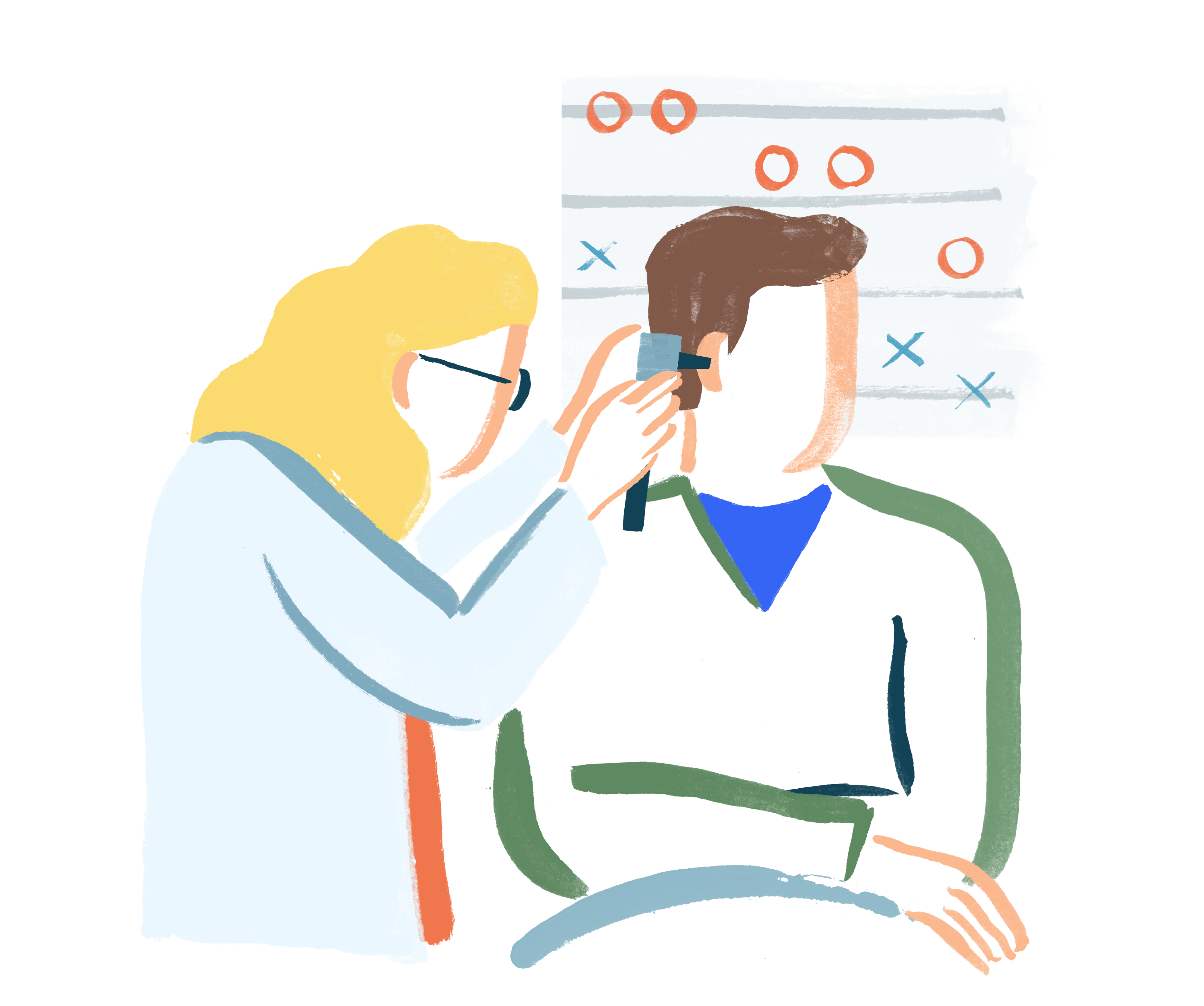 Tegnet illustrasjon av en øre-, nese-, halslege som undersøker øret til en pasient