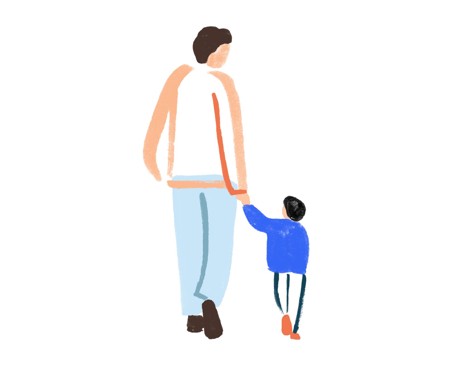 Tegnet illustrasjon med voksen person som leier et barn